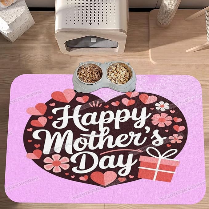 Pet Feeding Mat for Floors Waterproof Dog Mat for Food and Water Happy Mother's Day Floral Gift Mom Fi Absorbent Quick Dry Non Slip Mats Cat Bowls 24x16In