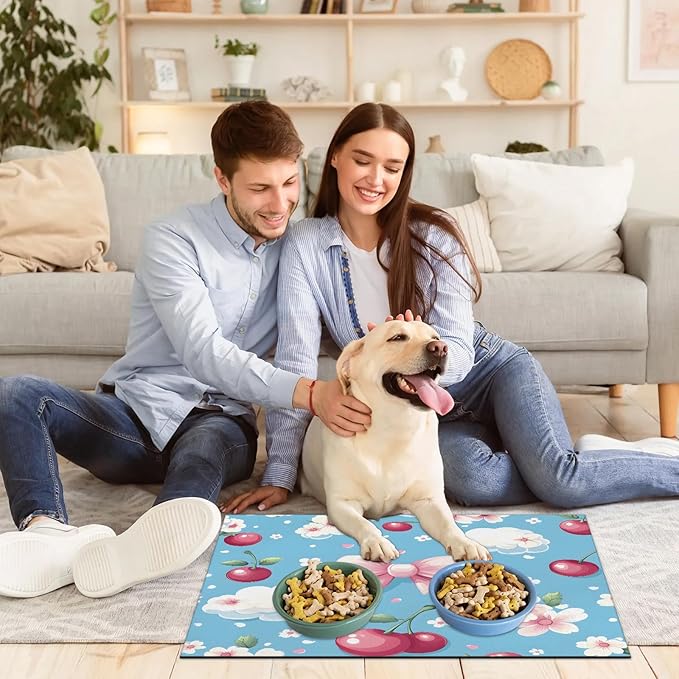 Pink Cherry Dog Food Mat for Floors Absorbent Dog Bowl Mat for Food and Water Dispenser Quick Dry Cat Food Placemat Pet Supplies 24" x 32", Bowknot Cloud