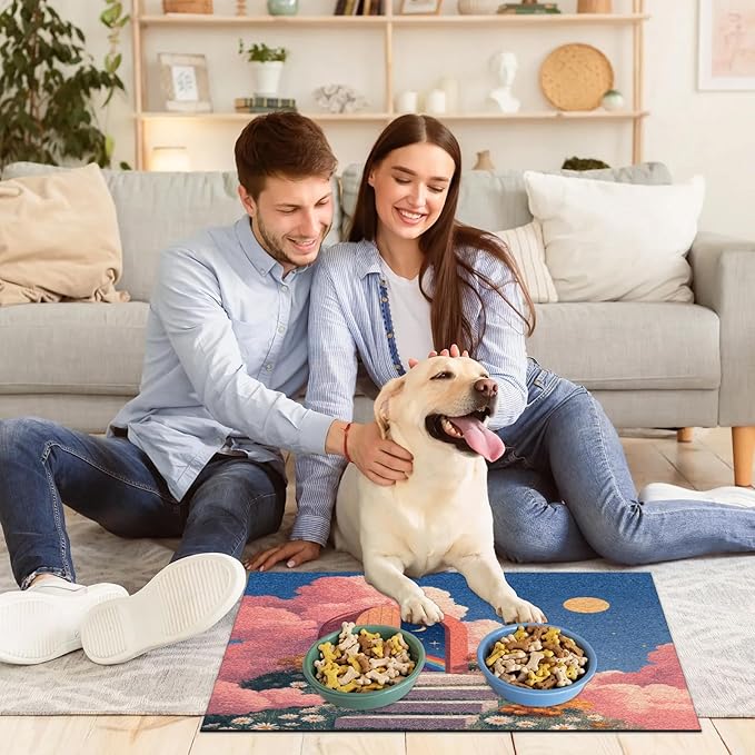 Rainbow Sun Dog Food Mat for Floors Absorbent, Quick Dry Water Dispenser Mat for Food, Water, Pet Supplies 16" x 24", Wildflower