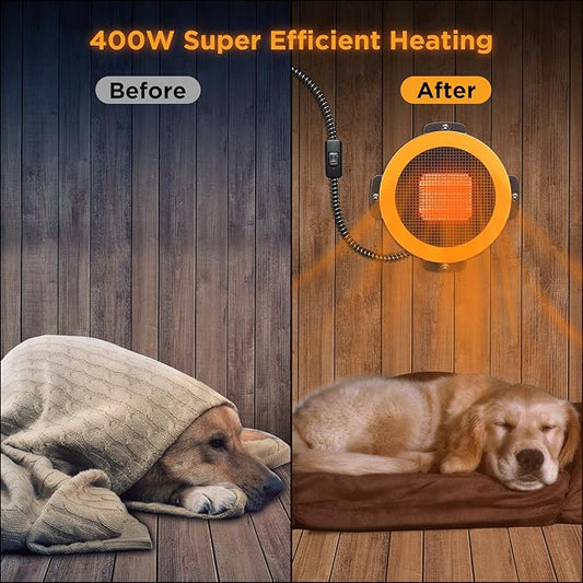 TURBRO Neighborhood Dog House Heater 400W, Wall Mount, 10ft Anti Bite Cord, Waterproof Control, Overheat Protection, Electric Warmer for Hound Kennel Cat Cage Chicken Coop Rabbit Hutch, UL Test Passed