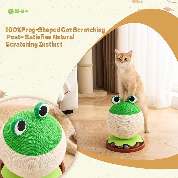 Frog Cat Scratcher - 3 in 1 Cute Cat Scratching Post for Indoor Cats with Bell Ball Track - Natural Sisal Cat Scratcher Ball Toy Orange/Bee Aesthetic Cat Furniture, Space-Saving Interactive Kitten Toy