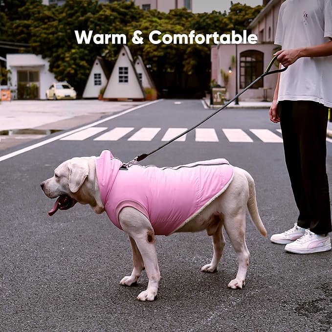 Fleece Lining Dog Hoodie with Harness Built in,Extra Warm Medium Dog Jacket in Winter Doggie Coats with Hooded,Light Pink XL