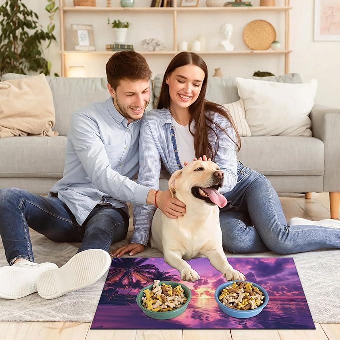 Hawaiian Sunset Dog Food Mat for Floors Absorbent, Quick Dry Water Dispenser Mat for Food, Water, Pet Supplies 12" x 20", Beach