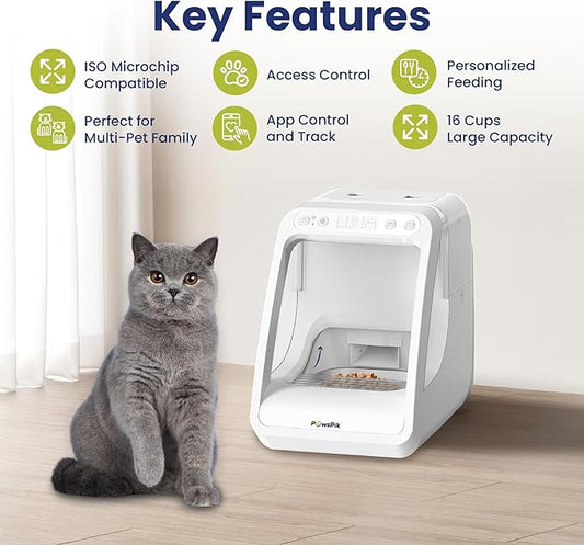 PawsPik Automatic Microchip RFID Cat Feeder,16-Cup, ISO Microchip & PawsPik RFID Tag Compatible, App Control, Portion Control