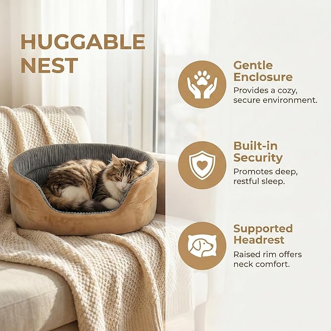 Small Dog Bed Cat Bed 16x20 Inch, Calming Pet Bed for Puppies, Teacup Dogs & Kittens, Half-Enclosed Open-Top Velvet Anti-Anxiety Bed, Machine Washable Cozy Snuggle Bed (Camel)