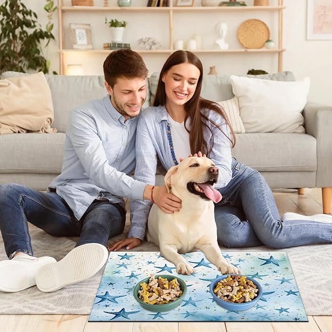 Ocean Starfish Dog Food Mat for Floors Absorbent Dog Bowl Mat for Food and Water Dispenser Quick Dry Cat Food Placemat Pet Supplies 24" x 32", Nautical Coastal