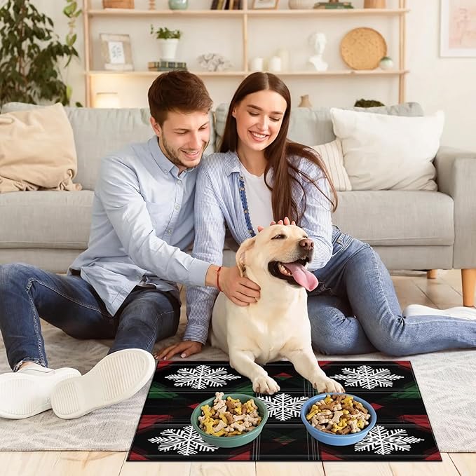 Xmas Snowflake Dog Food Mat for Floors Absorbent, Quick Dry Water Dispenser Mat for Food, Water, Pet Supplies 17" x 30", Buffalo Check