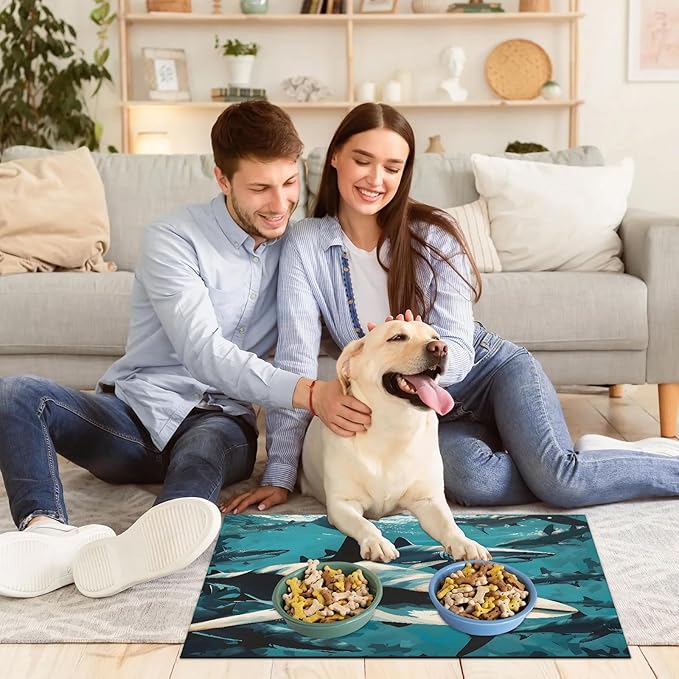 Sea Shark Dog Food Mat for Floors Absorbent Dog Bowl Mat for Food and Water Dispenser Quick Dry Cat Food Placemat Pet Supplies 12" x 20", Watercolor Fish