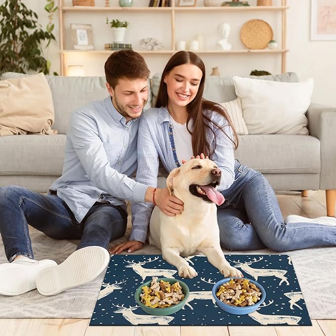 Christmas Deers Dog Food Mat for Floors Absorbent, Quick Dry Water Dispenser Mat for Food, Water, Pet Supplies 16" x 24", Winter Snowflake