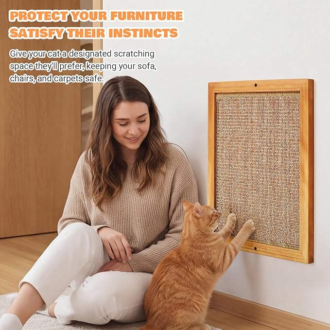 Extra Large Wall Mounted Cat Scratching Post, Wooden Sisal Panel Scratcher, Natural Wood Frame with Durable Sisal Rope Surface for Cats, Protects Furniture from Scratching