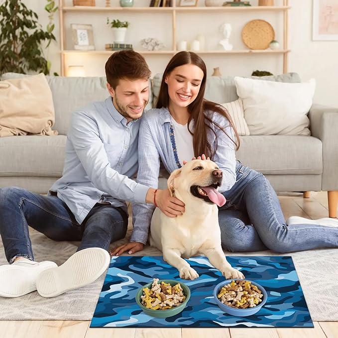 Blue Camouflage Dog Food Mat for Floors Absorbent Dog Bowl Mat for Food and Water Dispenser Quick Dry Cat Food Placemat Pet Supplies 24" x 32", Camo