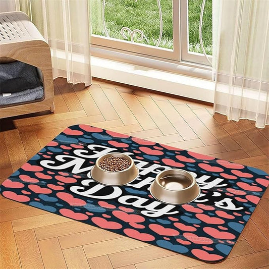 Absorbent Dog Water Cat Mat for Food Water Bowl Quick Dry Heart Happy Mother's Day Floral Gift for Mom Fk Pet Feeding Mats No Stains Dog Food Mat Pet Accessories Supplies Cat Bowl Mats 24x16In