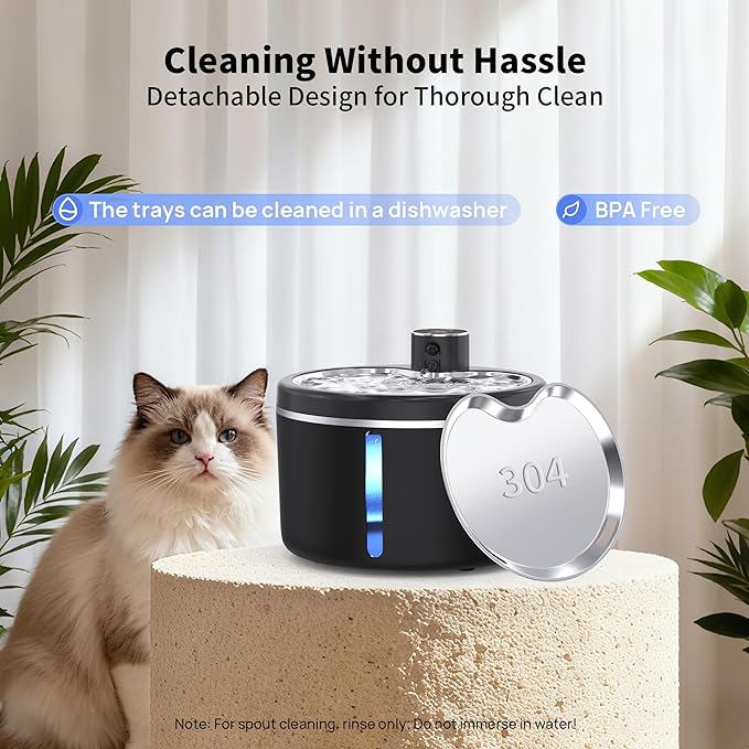Cat Water Fountain Cordless, 108oz/3L Pet Fountains for Cats Indoor with Stainless Steel Tray, Battery Operated Cat Drinking Fountain with Motion Sensor, Ultra Quiet Pump (Cat Fountain+8Filters)