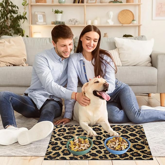 Leopardprint Dog Food Mat for Floors Absorbent Dog Bowl Mat for Food and Water Dispenser Quick Dry Cat Food Placemat Pet Supplies 17" x 30", Wild Safari Skin