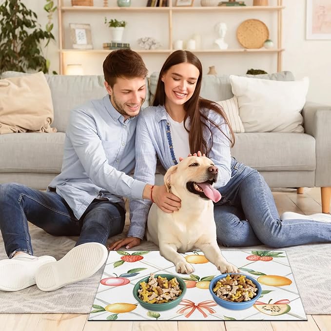 Cute Bow Dog Food Mat for Floors Absorbent Dog Bowl Mat for Food and Water Dispenser Quick Dry Cat Food Placemat Pet Supplies 12" x 20", Bow Lemon Strawberry