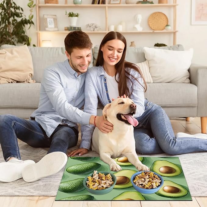 Cute Avocado Dog Food Mat for Floors Absorbent Dog Bowl Mat for Food and Water Dispenser Quick Dry Cat Food Placemat Pet Supplies 12" x 20", Green Fruit