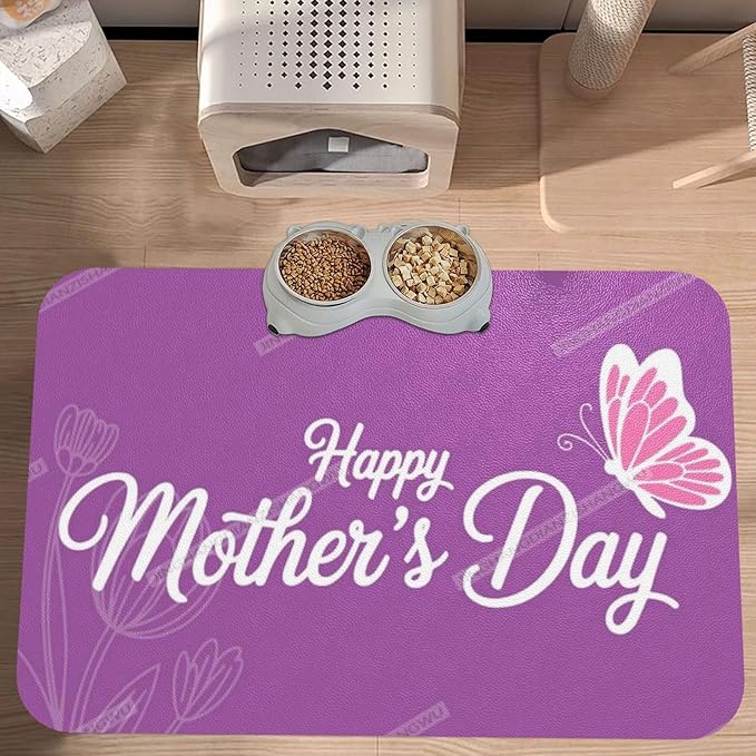 Non Slip Mat for Dog Pet Cat Dog Food Mats Purple Happy Mother's Day Floral Gift for Mom Ch Water Bowl Mat Quick Dry Absorbent Cat Feeding Mats 18X12In