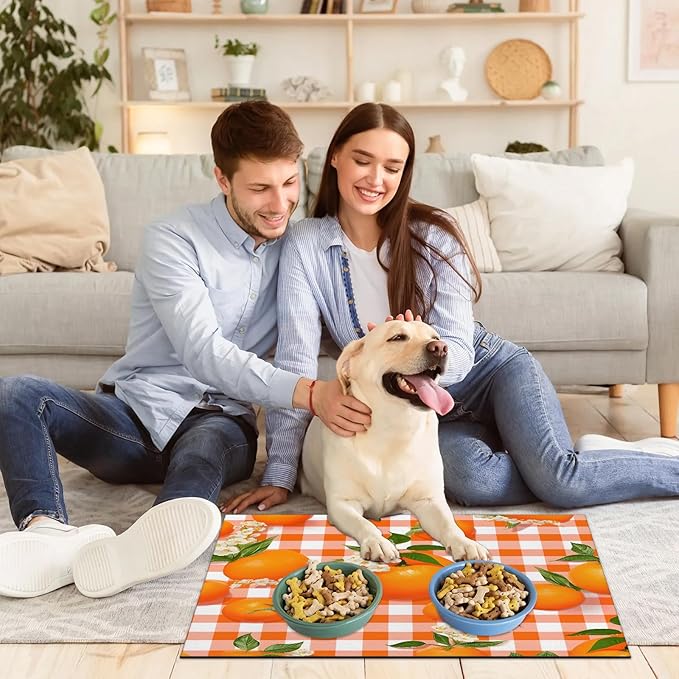 Orange Fruit Dog Food Mat for Floors Absorbent Dog Bowl Mat for Food and Water Dispenser Quick Dry Cat Food Placemat Pet Supplies 24" x 32", Buffalo Check