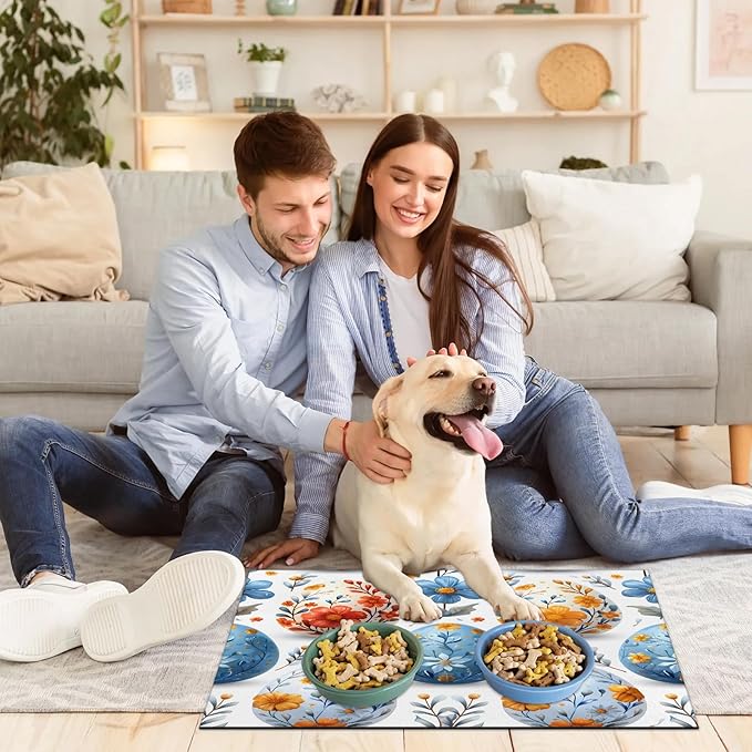 Floral Eggs Dog Food Mat for Floors Absorbent Dog Bowl Mat for Food and Water Dispenser Quick Dry Cat Food Placemat Pet Supplies 24" x 32", Happy Easter