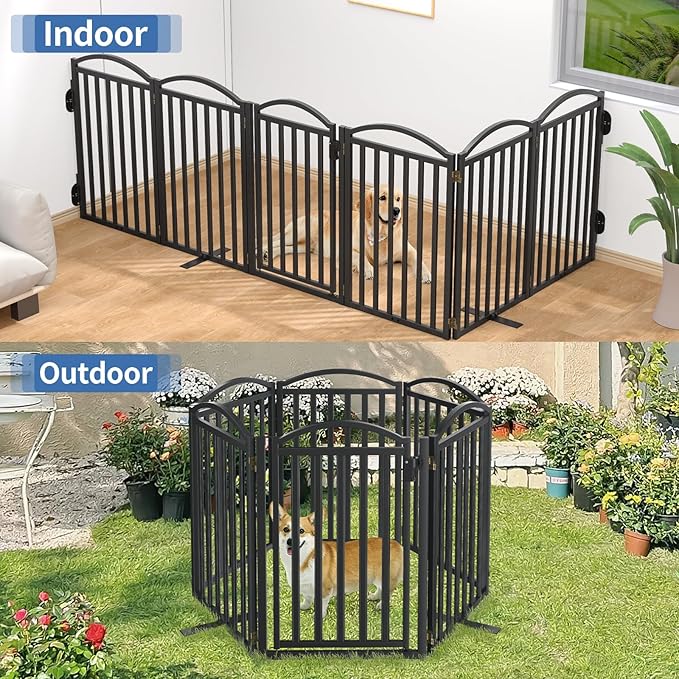 Malier Metal Freestanding Dog Gates with Door, 32'' Height Outdoor Indoor Dog Fences, Extra Wide Foldable Puppy Gate for Stairs (Black, 【6 Panels with Door】 120''W × 32''H)