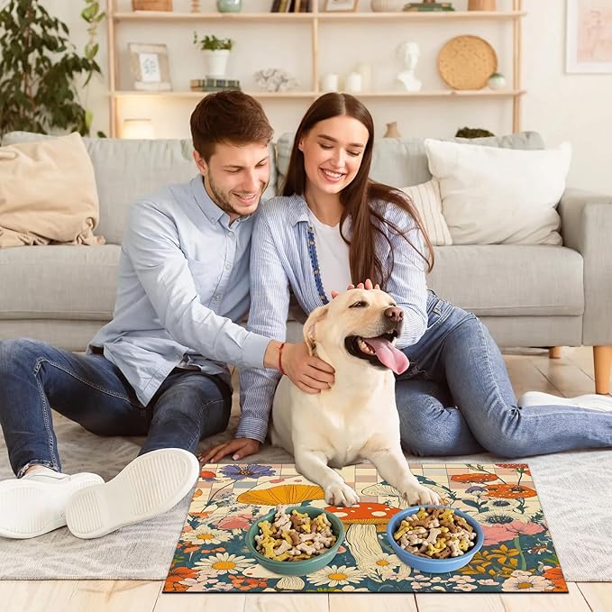 Boho Mushrooms Dog Food Mat for Floors Absorbent Dog Bowl Mat for Food and Water Dispenser Quick Dry Cat Food Placemat Pet Supplies 17" x 30", Flower Floral