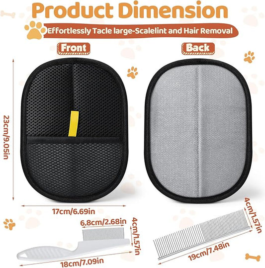 6 Pcs Pet Hair Removal Glove for Cats & Dogs Reusable Static Pet Hair Remover Grooming Glove Brush Tool with Flea Comb and Grooming Comb for Furniture Clothing Bedding Sofa Carpet