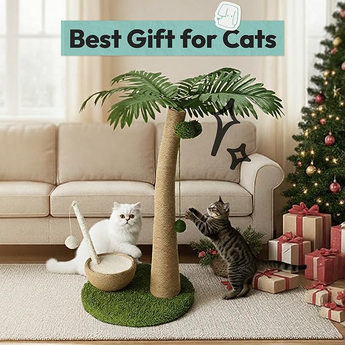 Cat Scratching Post 33 Inch Palm Tree with Hanging Balls and Coconut Straw Toy, Cat Scratcher for Indoor Kittens, Extra Stable Base, Paw-Friendly Jute Material M