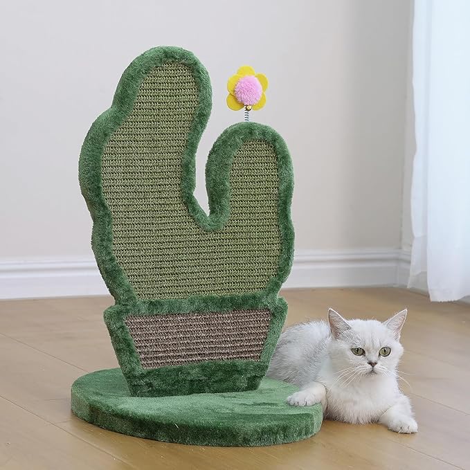 PetPals Cactus Cat Scratcher with Self- Grooming Brush, Double Sided Natural Sisal Scratching Pad, Potted Cactus Sisal Scratcher with Flower Toy, for Indoor Multi-Kitten Home,18" H