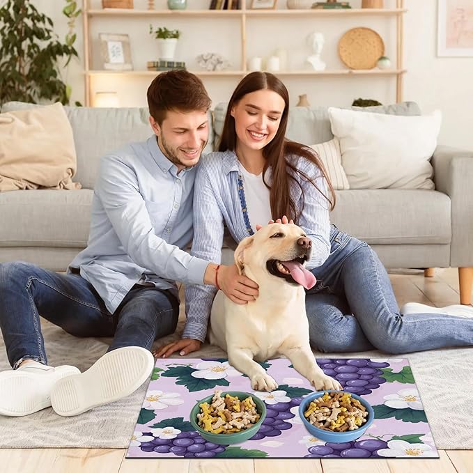 Purple Grape Dog Food Mat for Floors Absorbent Dog Bowl Mat for Food and Water Dispenser Quick Dry Cat Food Placemat Pet Supplies 24" x 32", Summer Floral