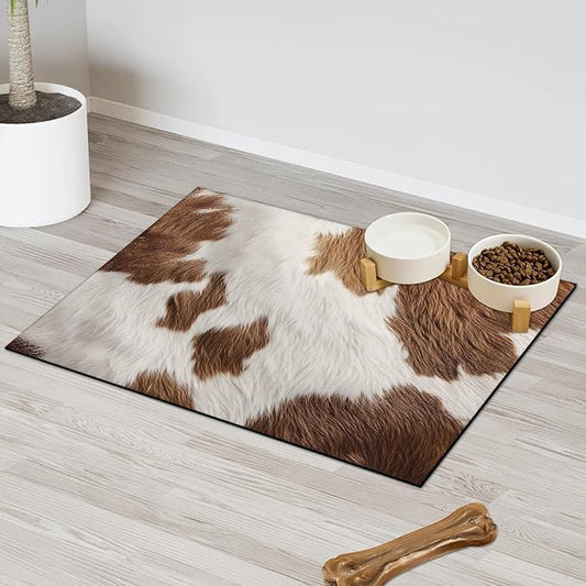 Cow Print Dog Food Mat for Floors Absorbent Dog Bowl Mat for Food and Water Dispenser Quick Dry Cat Food Placemat Pet Supplies 16" x 24", Brown White Skin