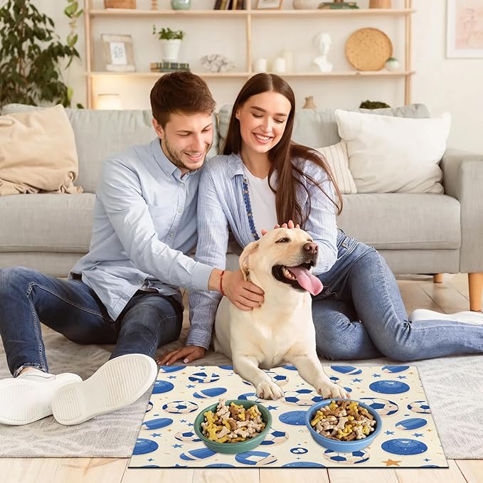 Soccer Dog Food Mat for Floors Absorbent, Quick Dry Water Dispenser Mat for Food, Water, Pet Supplies 16" x 24", Football Ball
