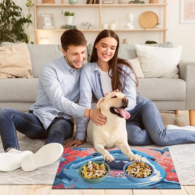Sharks Dog Food Mat for Floors Absorbent Dog Bowl Mat for Food and Water Dispenser Quick Dry Cat Food Placemat Pet Supplies 24" x 32", Sea Animals