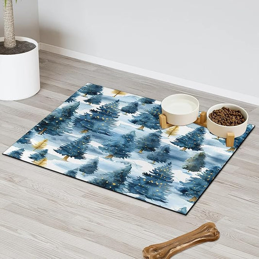 Winter Forest Dog Food Mat for Floors Absorbent, Quick Dry Water Dispenser Mat for Food, Water, Pet Supplies 16" x 24", Tree