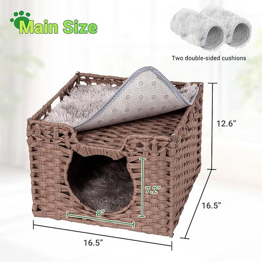 Handwoven Rattan Cat House w/ 2 Cushions, Wicker Cat Bed Indoor Kitten House, Waterproof & Foldable Pet Cube Bed, Brown, 16.5”L x 16.5”W x 12.6”H