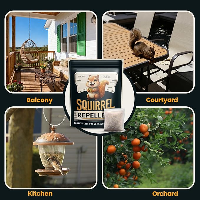 Squirrel Repellent Outdoor, Natural Squirrel Deterrent for Plants, Attic & Bird Feeders, Safe Around Kids & Pets, Helps Keep Squirrels Chipmunk Away from Yard & Garden – 10 Pouches