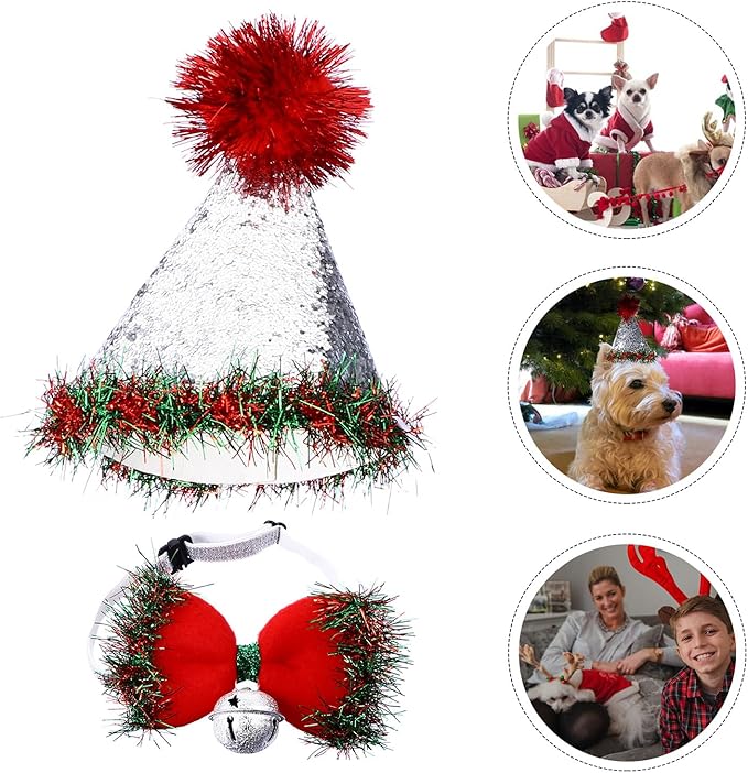 Christmas Pet Hat and Red Bow Tie with Bell Set 2pcs Festive Pet Costume for Dogs and Cats Holiday Party Supplies Accessories