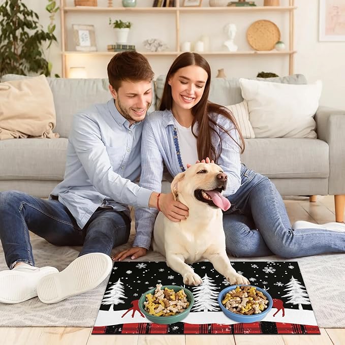 Christmas Forest Deer Dog Food Mat for Floors Absorbent, Quick Dry Water Dispenser Mat for Food, Water, Pet Supplies 17" x 30",