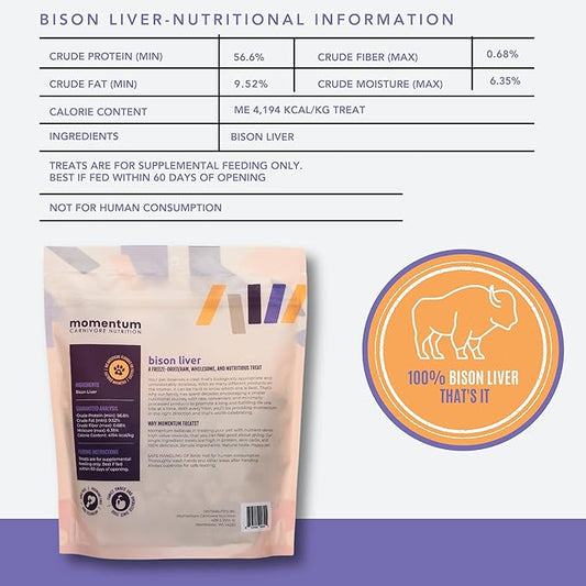 Momentum Carnivore Nutrition Freeze-Dried Bison Liver Dog Treats & Cat Treats β Single-Ingredient, High-Protein, Grain-Free, Lean Novel Protein β Made in USA β 4 oz Bag