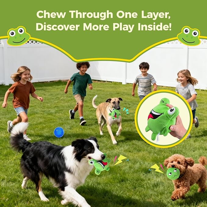 3-in-1 Squeaky Dog Toys for Aggressive Chewers, No Stuffing Frog Ball Interactive Dog Chew Toys with Crinkle Paper & Tearable Plush Puppy Teething Toy for Small, Medium & Large Dogs