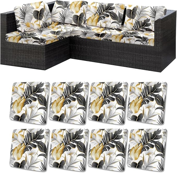 HANDONTIME 8Pcs Outdoor Patio Cushion Covers Tropical Palms Stretch Couch Cushion Cover Patio Couch Slipcover for Outdoor/Indoor Washable Non-Slip Furniture Protector for Pet (Black Gold, Cover Only)