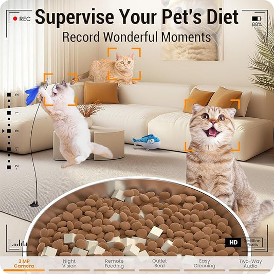 Automatic Cat Feeder with 3MP Camera: 5G WiFi Automatic Dog Feeder with Night Vision, 5L Timed Auto Cat Food Dispenser with APP for Pet, Detachable for Easy Clean-21 Cups