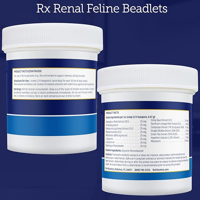 Rx Vitamins Renal Feline Beadlets - Cat Kidney Support with Astragalus Root and Milk Thistle for Cats - Supports Kidney and Immune Health in Cats - 3.52oz / 100g