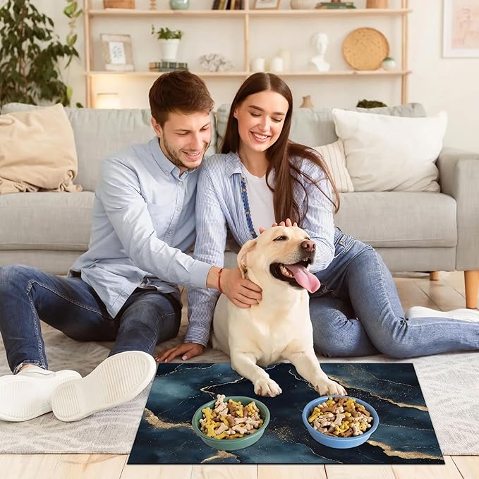 Black Marble Dog Food Mat for Floors Absorbent, Quick Dry Water Dispenser Mat for Food, Water, Pet Supplies 17" x 30", Marble