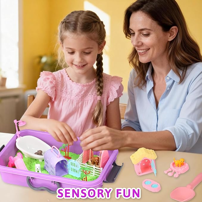 Pet Sensory bin,Dog and Cat Sandbox for Kids,Kids Play Sand Kit,Pet Play Set with Sensory Sand,Pet Care Play Set,Role Pretend Play Beach Toy Birthday Gift for Girls Boys 3 4 5 6 Years Old