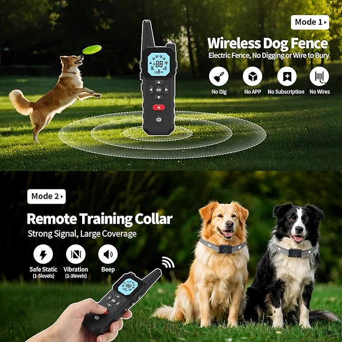 Wireless Dog Fence & Training System for 2 Dogs – Covers up to 3300 ft Range, Adjustable Beep/Vibration/Static Modes, IPX7 Waterproof Collars, Independent Channel Design, Quick No-Dig Installation