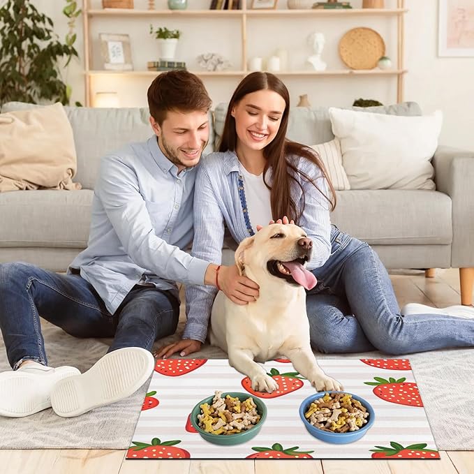 Red Strawberry Dog Food Mat for Floors Absorbent Dog Bowl Mat for Food and Water Dispenser Quick Dry Cat Food Placemat Pet Supplies 24" x 32", Stripe