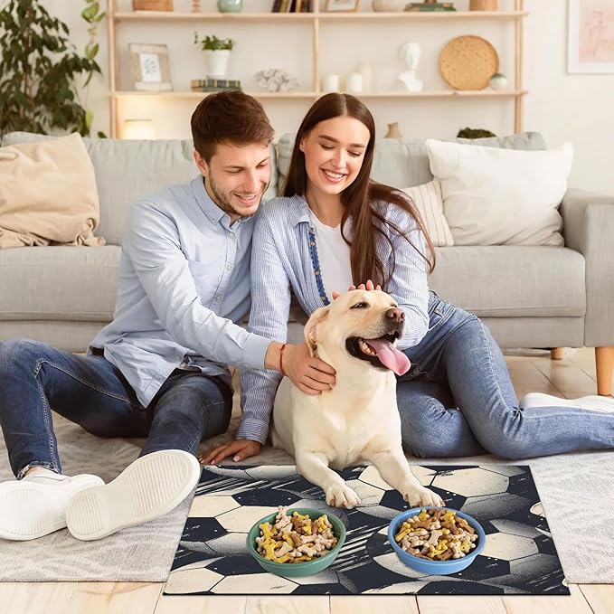 Soccer Dog Food Mat for Floors Absorbent, Quick Dry Water Dispenser Mat for Food, Water, Pet Supplies 17" x 30", Football