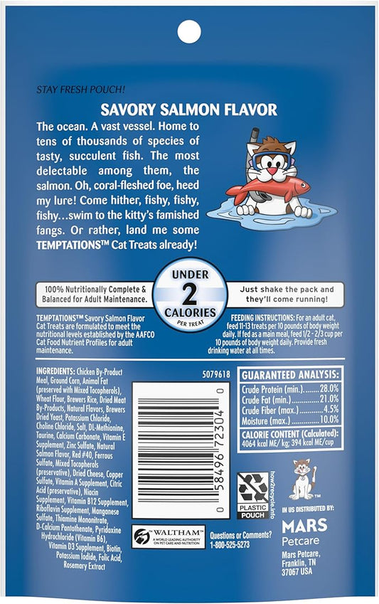 Temptations Cat Treats Classic Crunchy and Soft Cat Treats, Savory Salmon Flavor, 3 oz. Pouches (Pack of 12)