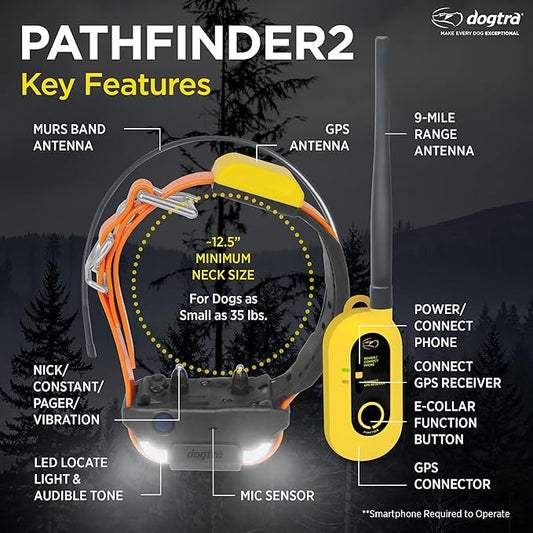 Dogtra Pathfinder 2 GPS Tracker e Collar + Titanium Contact Points 3/4" | 9 Mile, LED Light, No Monthly Fees, Waterproof, Smartwatch Control, Satellite Tracking, Multiple Dogs, Smartphone Required