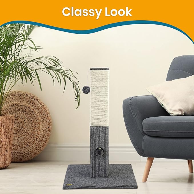 Pawbee 32" Cat Scratching Post with Jingle Bell and Softball, Sisal Rope Tower for Indoor Adults Large Cats, Gray & Beige